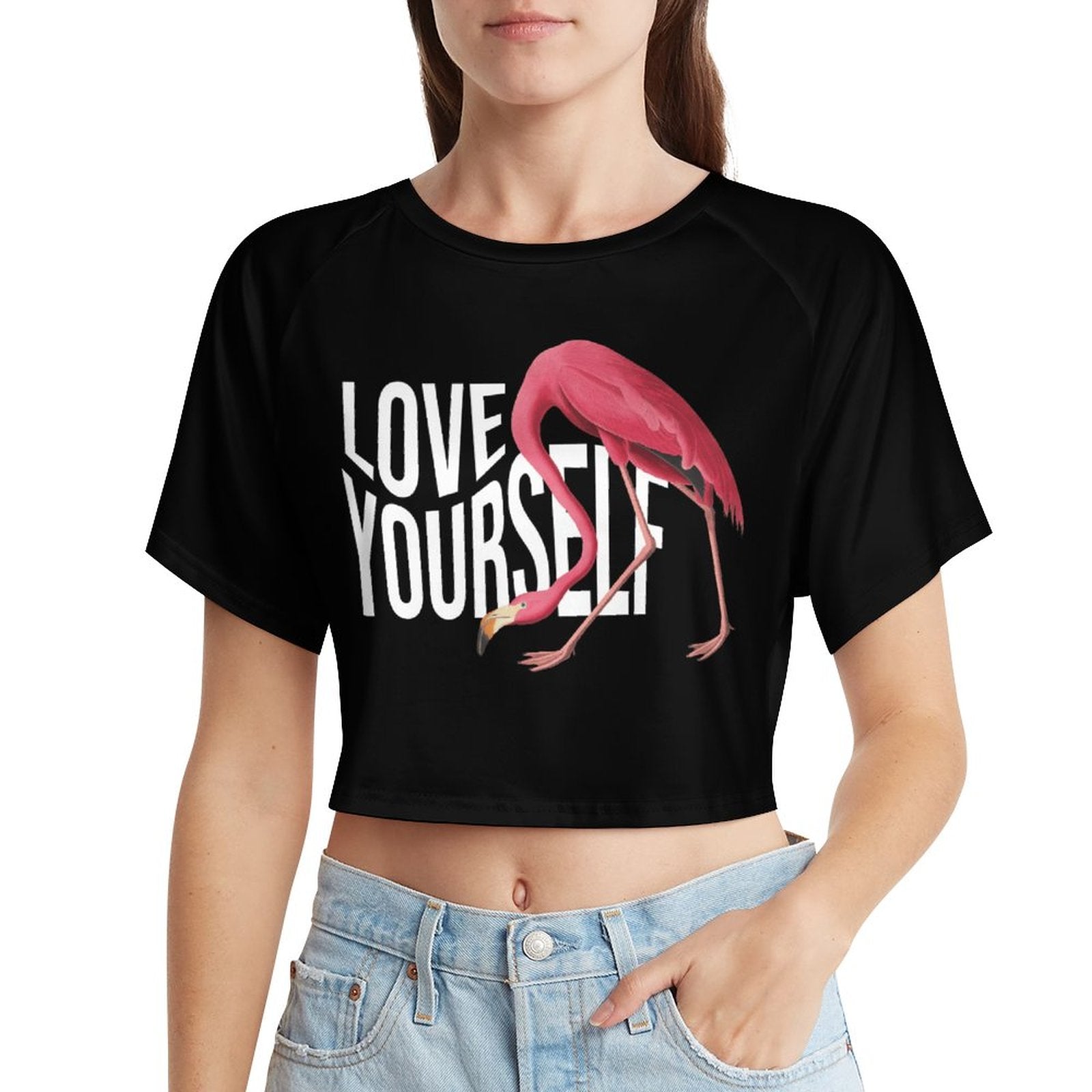 Women's Short Sleeve Navel Shirt Tee - Love Yourself Flamingo