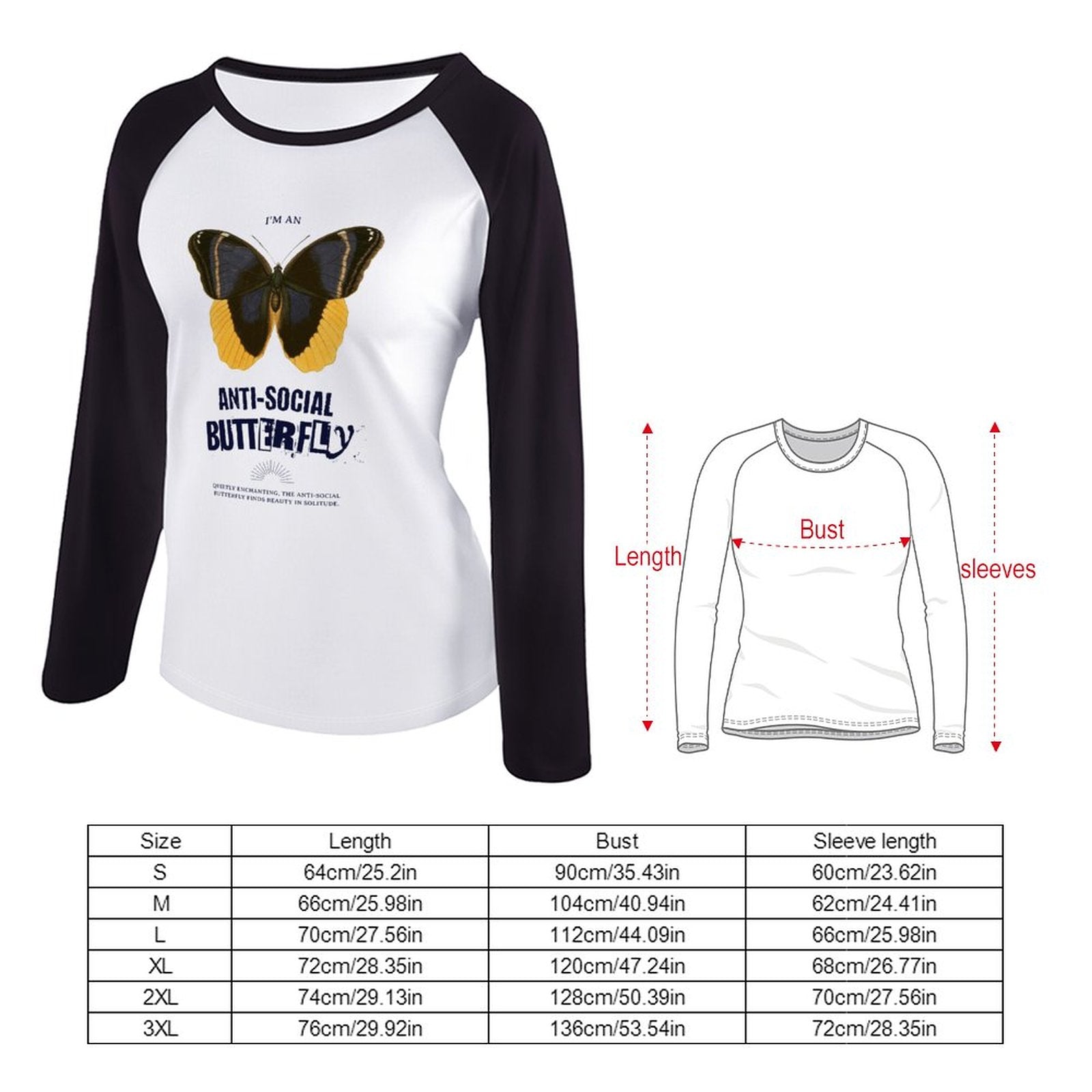 Camiseta de manga larga raglán para mujer - Mariposa antisocial